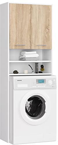 AKORD Waschmaschinenumbauschrank FIN 64 cm | mit 2 Türen | Hängender Waschmaschinenschrank | Umbauschrank | B64 x H180 x T30 cm | Gewicht 29,50 kg | Weiß/Sonoma Eiche