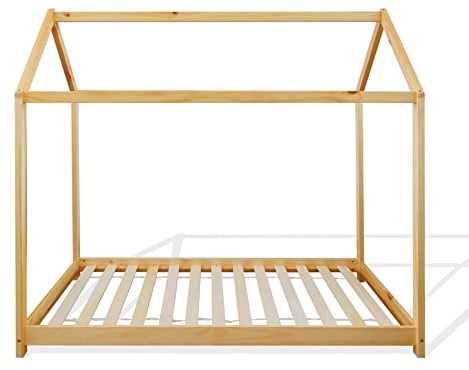 Rebecca Mobili Cama Montessori, Cama Infantil, Forma de cabaña, Pino Natural, Estilo escandinavo, Marco de Listones 80 x 160 cm - Art. RE6762