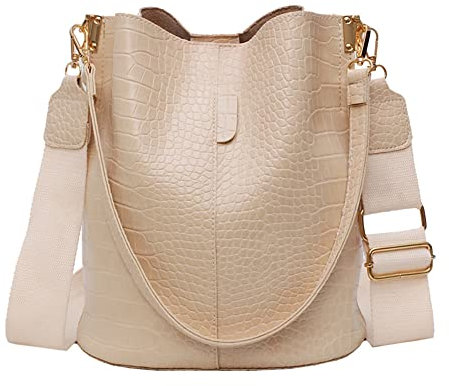 ANNI RIEL Leder-Eimertasche, Crossbody-Tasche für Damen, modisch, klassisches Krokodilmuster, große Umhängetasche, Handtasche, Geldbörsen (weiß), weiß