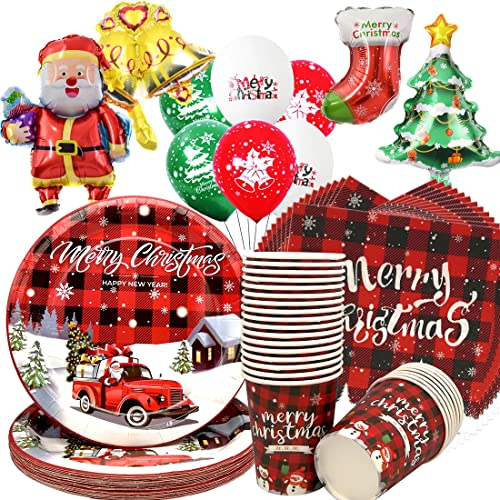 Doyomtoy Set di 88 Stoviglie per Festa di Natale - Palloncini, Tazze, Tovaglioli di Carta per 24 Ospiti