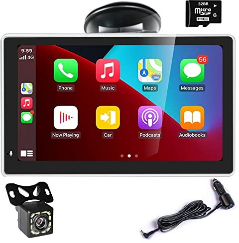 Moniteur à écran Tactile 7 Pouces pour Lecteur multimédia sans Fil Apple Carplayer et Android Auto avec Bluetooth, Lien Miroir, caméra de recul 12 LED Carte 32G sur Tableau de Bord ou Pare-Brise