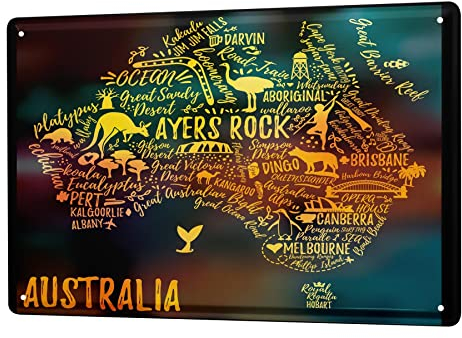 Blechschild Retro - Vintage Metall-Poster für das Wohnzimmer - Australien Karte mit Schrift Motiv - 20 x 30 cm