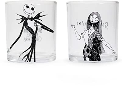 Half Moon Bay Nightmare Before Christmas Drinking Glasses | Glass Tumblers Featuring Jack Skellington & Sally | The Nightmare Before Christmas Gifts & Jack Skellington Gifts | Set of 2
