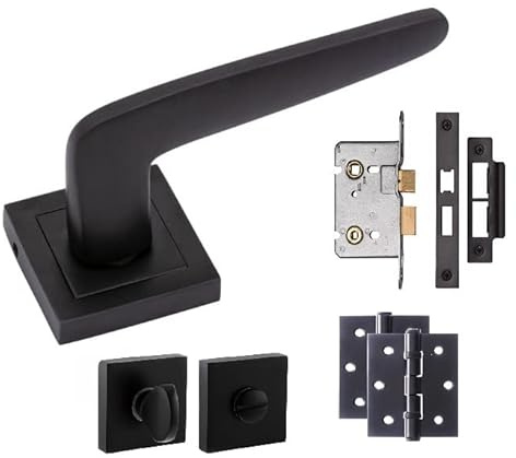 Golden Grace Venus Bathroom Door Handles Set, Black, Bath Set | Includes screws, 1 pair of ball bearing hinges, mortise lock and matching thumbturn on a modern square rose backplate.