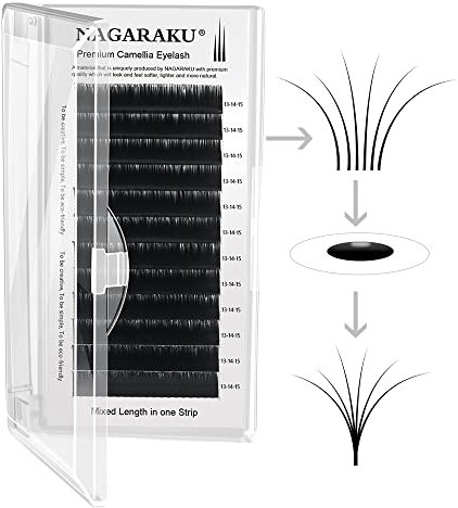 NAGARAKU Eyelash Extensions Individual Lash 0.05 D curl 13-14-15mm Mix Classic 3 Layers Camellia Faux Mink Lash Fluffy Soft Light no glue on base Mega Volume