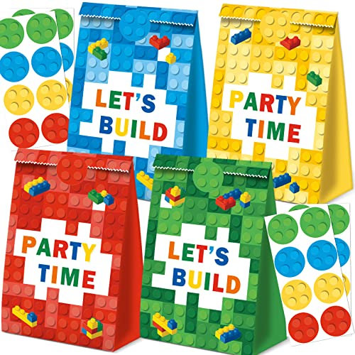 WQT 24Pcs Building Block Favor Bags Mattoni Candy Treat Paper Party Bags Goodie Gift Bags per bambini Compleanno Decorazione Forniture