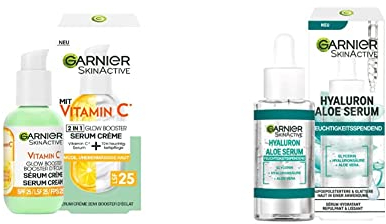 Garnier Serum-Crème gegen müde Haut und dunkle Flecken, 50ml & Feuchtigkeitsspendendes Serum für ein straffes und strahlendes Hautbild, Mit beruhigender Aloe Vera und Hyaluronsäure, Skin Active, 30ml