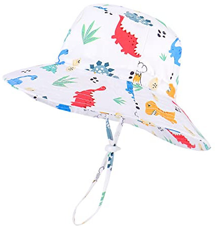 LACOFIA Sombrero de Sol Bebé Gorro Verano para Niños Sombrero Playa de ala Ancha UPF 50+ Proteccion Solar con Correa Ajustable para Barbilla Dinosaurio Blanco 6-12 Meses