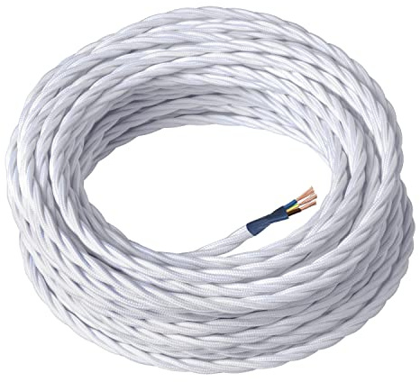 Amarcords - Cable de tela color BLANCO, trenzado, seda, 50 metros, con tierra 3x1,50 - Hilo eléctrico textil de gran seccion de color vintage.