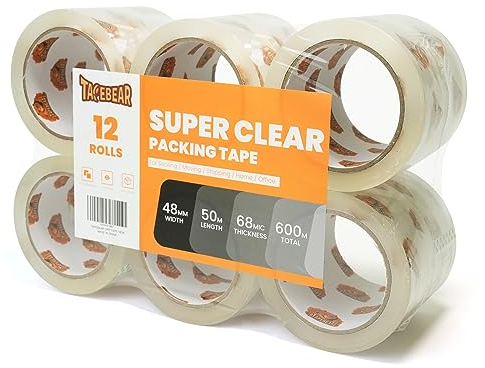 TAPEBEAR Ruban Adhésif d'Emballage Transparent 48mm x 50m, Super Transparent Très résistant 2.7mil épaisseur Rubans d’emballage pour expédition, déménagement et rangement, 12 Rouleaux
