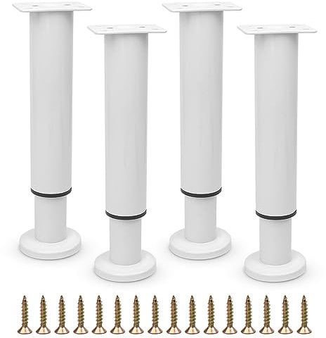 Furniture Adjustable Legs, Metal Bed Support Leg Replacement Central Slat Frame Couch Support Leg Parts Retractable Heavy Duty Furniture Foot for Sofa/Dresser/Table/Cabinet 18-32 CM (White 4 Pcs)