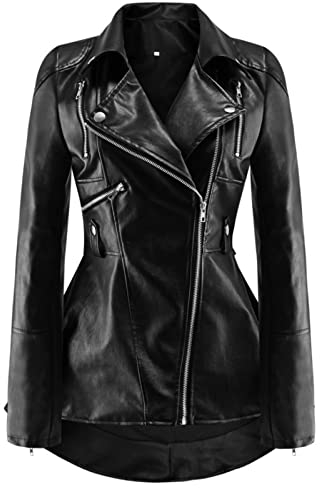 Rumity Damen Jacke Motorrad Lederimitat Stehkragen Mantel Kunstleder Jacke Bikerjacke mit Nieten Reißverschluss für Outdoor Herbst Frühling Steppjacke Damen Damen Mantel Schwarz