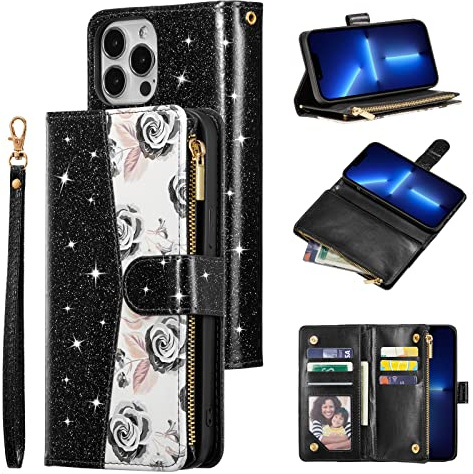 UEEBAI Wallet Case for iPhone 15 Pro 6.1 inch, Glitter PU Leather Magnetic Closure Handbag Zipper Pocket Case Kickstand Card Holder Slots with Wrist Strap TPU Shockproof Flip Cover - Black