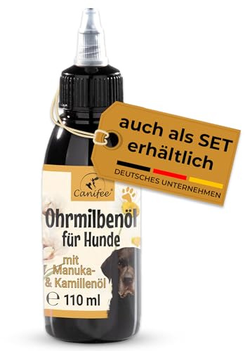 Canifee - Ohrentropfen für Hunde Ohrenmilbenöl Hund mit Manuka-Öl bei Hefepilz und Ohrmilben Hund, 110ml Flasche mit fein einstellbarem Dosierkopf, natürliches Pflegeöl gegen Entzündungen