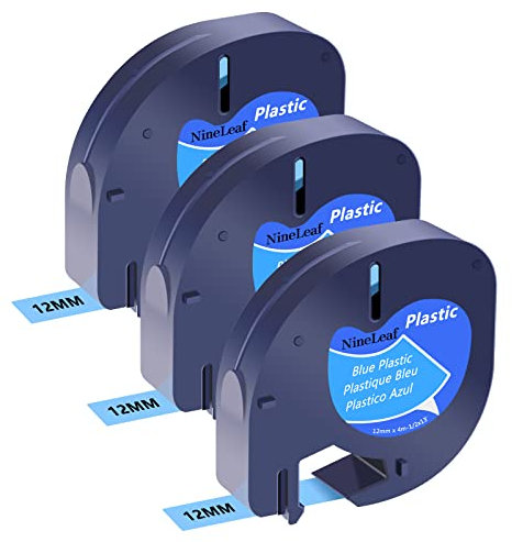 NineLeaf 3 Packung Ersatz für Dymo Letratag 91225 91205 91335 59426 S0721650 12mm x 4m Bänder Schwarz auf Blau Schriftband für LT-100H LT-100T LT-110T Plus QX50 XR XM 2000 Beschriftungsgerät