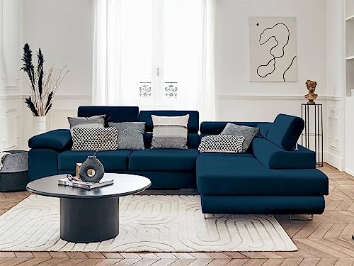 Bestmobilier Pablo – Ecksofa mit Schlaffunktion – mit Bettkasten – verstellbare Kopfstützen – aus Velours – 5-Sitzer – rechts Nachtblau