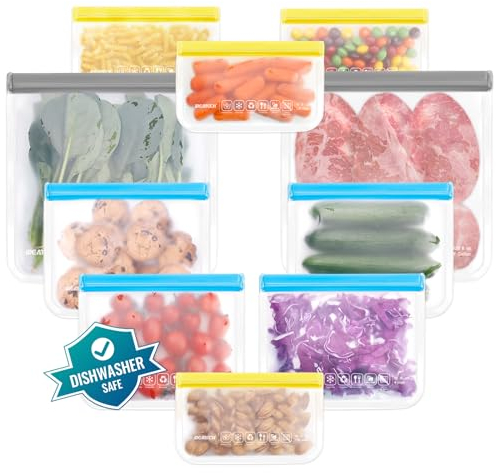 10 Stück spülmaschinenfeste, wiederverwendbare Aufbewahrungsbeutel, BPA-freie PEVA-Lebensmittelbeutel, auslaufsichere Silikon-Gefrierbeutel, wiederverwendbare Gallonen-Beutel (10 Packung, 6,7 l + 4