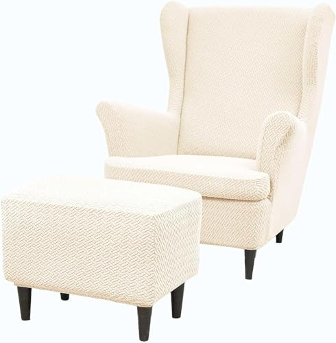 HACLEN Ohrensessel Bezug mit Ottoman Bezug, Jacquard Ohrensessel Schonbezug mit Kissenbezug dehnbarer waschbarer Ohrensessel-Bezug (Beige,Einheitsgröße)