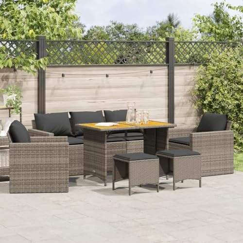 Willood 6 TLG. Rattanmöbel Gartenbank Rattan Garten Sitzgruppe Gartenlounge Gartenmöbel Set Sofagarnitur mit Kissen Grau Holz Tisch