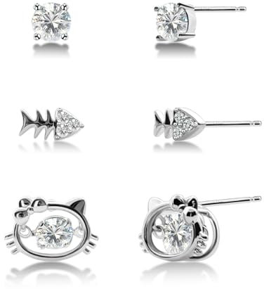 Eslinila 3 Paare Ohrstecker Set, Hypoallergen S925 Kleine Sterling Silber Post Cubic Zirkonia HelloKitty Ohrstecker für Frauen Damen