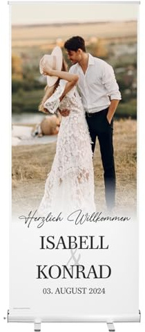Herz & Heim® Hochzeitsbanner personalisiert mit Foto, Namen & Datum - Just Married Roll Up Banner - 200 x 87 cm Banner selbst gestalten als Geschenk Hochzeit Dekoration