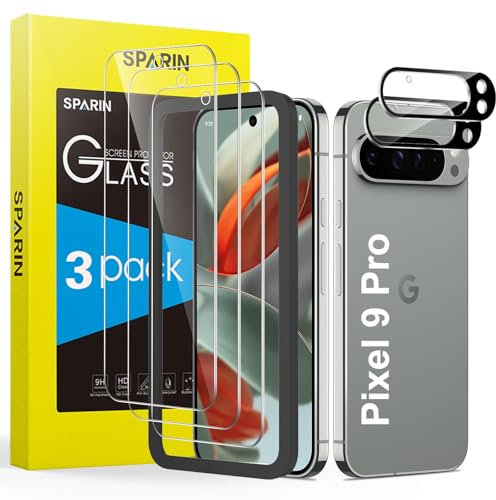 SPARIN Pack of 3 + 2 Screen Protectors for Google Pixel 9 Pro Tempered Glass with Camera Protection and Mounting Frame, 9H Hardness Screen Protector