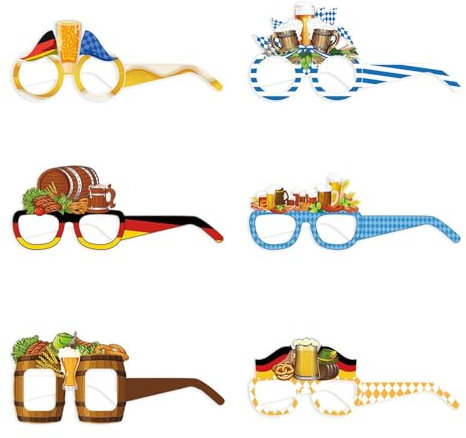 Factorys 6 Stück Oktoberfest Partybrille Funny Papier Brillen Bier Brezel Wurst Wurst Motiven Oktoberfest Foto Requisiten für Kinder Erwachsene Bayrisch Kostüm Oktoberfest Party Deko (6 Stück - B)
