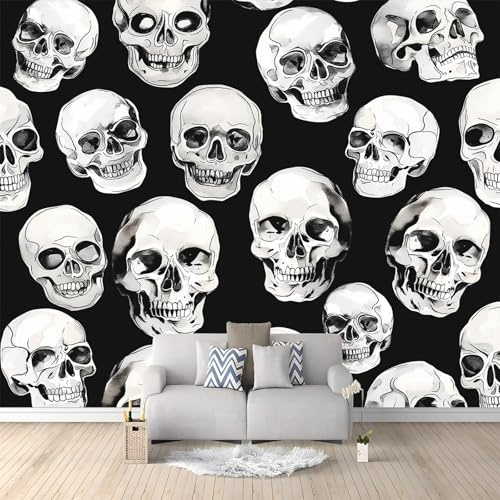 Wall Mural Gothic Skull Black 300x210 cm Photo Wallpaper Non-Woven 3D Wallpaper Roll Mural Wallcoverings for Bedroom Living Room TV Backdrop