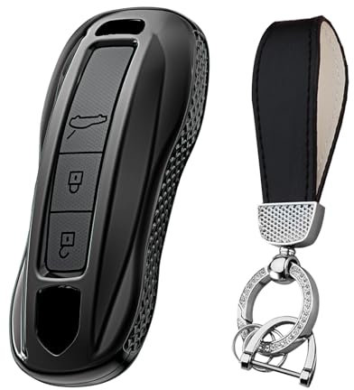 Ysbxitu Coque de clé de voiture compatible avec Porsche Cayenne Panamera 911 971 9YA Macan Boxster Carrera Taycan Coque de protection en TPU Télécommande Idée cadeau, a noir, A Schwarz