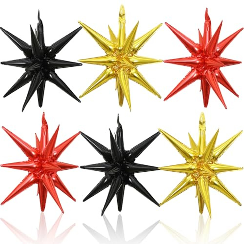 HILAVO 6 globos de estrella de 56 cm, color rojo, negro y dorado, globos de aluminio con forma de cono de pico para cumpleaños, aniversario, festival, cine, casino, decoración de fiesta de Año Nuevo