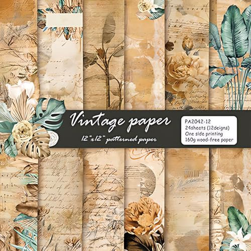 Scrapbook Papier Vintage Scrapbooking Papier, 24 Blatt Einseitiges Blumen Dekorpapier, Scrapbook Bastelpapier für Journal Scrapbooking, DIY Kartenherstellung, 30,5x30,5 cm/12x12 in