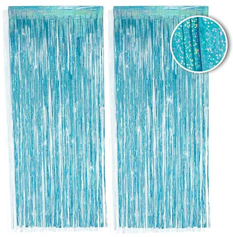 PHENO FLAGS 2 Stück Hellblauer Lametta Vorhang, 1x2,5m - Glitzernde Silvester-Deko im Funkelnden Metallic-Look, Lametta Girlande für Ihre Party