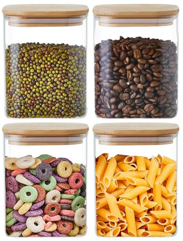 MESNEY Lot de 4 bocaux en verre de 800 ml avec couvercles en bambou – Boîtes hermétiques et empilables pour cuisine et garde-manger – Bocaux en verre transparent respectueux de l'environnement pour