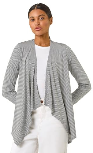 Roman Waterfall Cardigan for Women UK - Ladies Open Front Cardi Smart Casual Edge to Edge Daytime Everyday Summer Autumn Knitted Knitwear Long Sleeve Fashionable - Stripe Black - Size 20