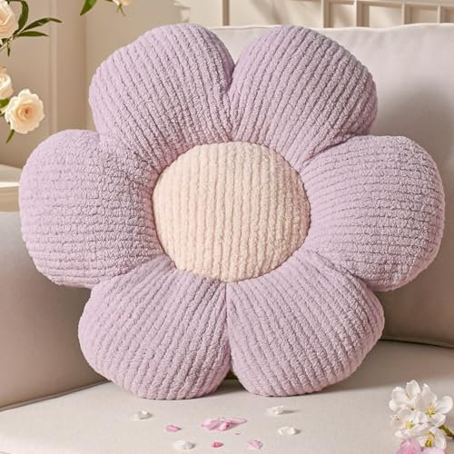 Yhoelata Blumenkissen, Lila Blumengestalt Zierkissen, Plüsch Bodenkissen für Sofa & Bett Kinderzimmer, Mädchen Dekoratives Gänseblümchen Design Wohnkissen 40cm