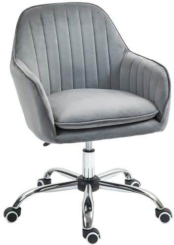 HOMCOM Schreibtischstuhl Höhenverstellbarer Bürostuhl Drehbar Homeoffice Stuhl mit Rücken- und Armlehne Samtoptik Schminktisch Stuhl für Arbeitszimmer, Grau