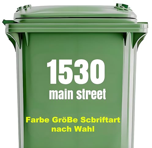 4-teiliges Set personalisierte Mülltonnen-Aufkleber und passende Schilder – mit Hausnummer und Straßennamen – wetterfest und selbstklebend für Mülltonne, Wand oder Tür