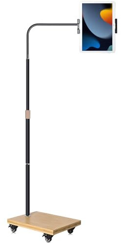Height Adjustable Tablet Floor Stand with Wheels, 52.7-65.5 inch, 360° Rotating Mount, Mobile Rolling Base