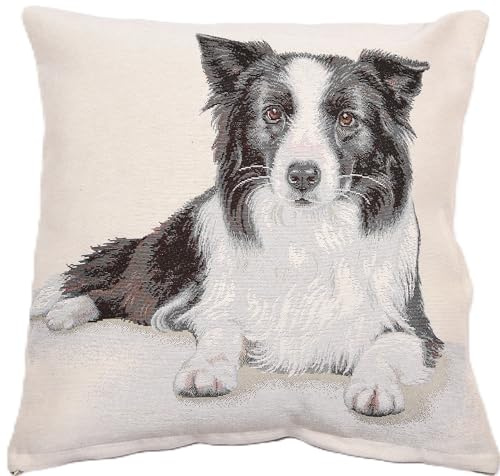 Kissenhülle 45x45 cm aus Gobelin – Liegender Border Collie, Zierkissenbezug | Dekokissen-Bezug mit verdecktem Reißverschluss, beidseitig gewebt, waschbar 30 °C – für Sofa, Sessel & Bett
