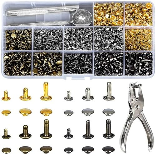 HEJIGOOD Juego de 480 remaches de cuero de doble tapa con alicates de perforación para manualidades de cuero, varios tamaños y colores