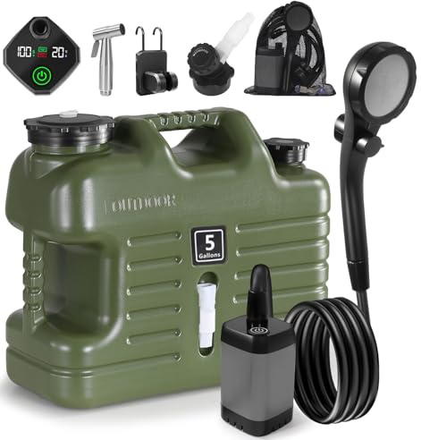 Digury Portable Camping Shower with 5 Gallon Water Jug, 6000mAh Rechargeable Outdoor Camping Shower Kit, IPX7 Waterproof Pump BPA Free Water Containers Camp Essentials Green