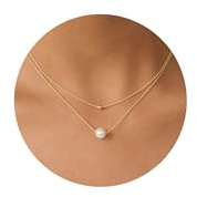 PRTGL Perlenkette - 14K Vergoldet Weiße Perlen Halskette für Damen und Mädchen - 8 mm Einzelperlenkette & zarte goldene Minikugeln, zweilagige Perlenkette