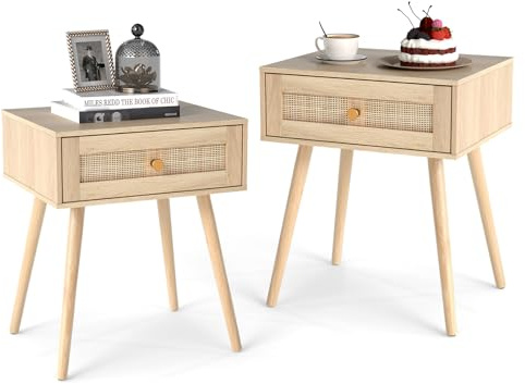 COSTWAY Nachttisch Rattan 2er Set, Nachtschrank mit Schublade und Massivholzbeine, Beistelltisch, Sofatisch, Nachtkonsole im Boho-Sti für Schlafzimmer, Wohnzimmer, Natur, 48 x 40 x 58 cm