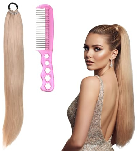 Coda Capelli Extension con Elastico 60cm con Pettine di Acciaio per Parrucche Capelli Finti per Acconciature Parrucca Bionda Code Finte per Capelli per Donne Sintetici Posticci Finta