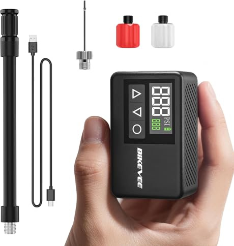 Bikevee Elektrische Fahrradpumpe 120 PSI | Mini, Auto Stop, USB-C | Digitale Druckanzeige, LED-Licht, Presta & Schrader | Für Rennrad, MTB, Gravel und E-Bike