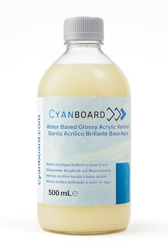 Cyanboard, Barníz Acrílico Brillante Base Agua (500 mL), transparente, interior - exterior, múltiples superficies. Brillo y protección sobre pinturas, madera, cerámica, manualidades.