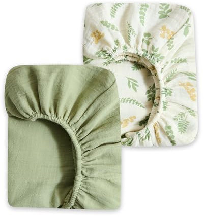 WONGS BEDDING 2er Pack Kinderwagen Spannbettlaken Musselin Baumwolle 80x40 | Stubenwagen Matratzenschoner Musselin für Laufgitter, Baby-Bettlaken Spannbettlaken für Beistellbett, Grün-blätter