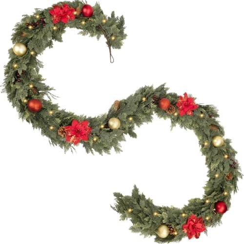 Christmas Garland 9FT Decorations Cedar Cypress Garland with Berry Pine Cone Poinsettia Balls Artificial Green Garland with Lights for Mantle, Fireplace, Table, Stairs, Indoor Outdoor Decorations