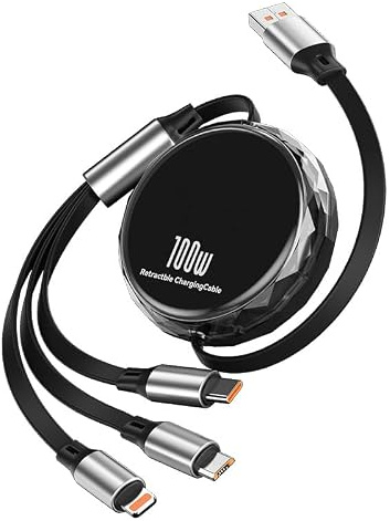 AMITOME 100W Retractable Multi 3 in 1 Fast Charging Cable with Stand 1.2M,USB A Cord with IP Port/USB C/Micro USB MFi Certified Charging Cord Compatible with iPhone 17 16 15 14 13 Plus Pro Max-Black