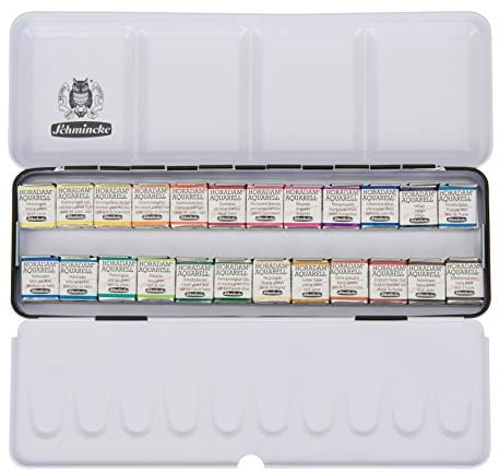 Schmincke – HORADAM AQUARELL Farbkasten mit 24 feinsten Aquarellfarben, 74424097, schwarzer Metallkasten, Malset, Premium Aquarellfarben, 24 x 1/2 Näpfchen